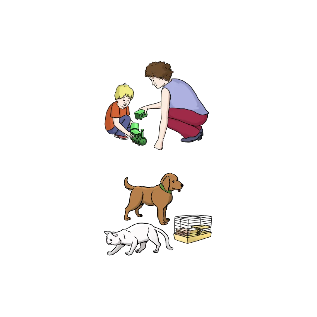 Illustration: eine Frau spielt mit einem Kind und Haustiere sind zu sehen 