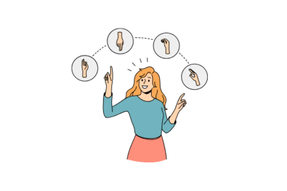 Illustration: eine Frau zeigt verschiedene Handgesten in Geb&auml;rdensprache