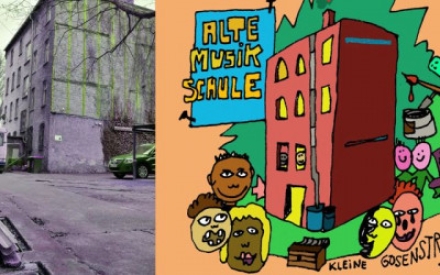 In einer Fotocollage ist folgendes zu sehen. Auf dem linken Drittel des qerformatigen Bilds ist ein Foto der alten Musikschule im heutigen Zustand zu sehen. Den gr&ouml;&szlig;eren Teil der Collage nimmt eine bunte Grafik ein. Die Grafik zeigt das Haus in bunten Farben mit angedeuten Gr&uuml;nfl&auml;chen drumherum sowie Symbolen wie Farbpinsel, Musiknoten oder Malereimer. Rund um das Haus sind verschiedene K&ouml;pfe zu sehen sowie die Schriftz&uuml;ge "Alte Musikschule" und Kleine Gosenstra&szlig;e - die Adresse des Hauses.
