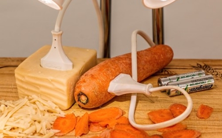 Alternative Energie: Eine M&ouml;hre und ein St&uuml;ck K&auml;se, verbunden &uuml;ber eine Kabel, die eine Lampe zum Leuchten bringen.
