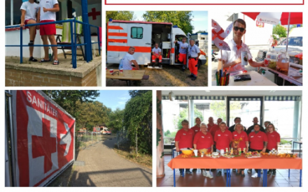 Eine Foto-Collage der T&auml;tigkeiten des DRK - zwei Rettungsschwimmer, Helfer*innen bei der Blutspende und ein junger Mann an einem Aktionsstand des DRK