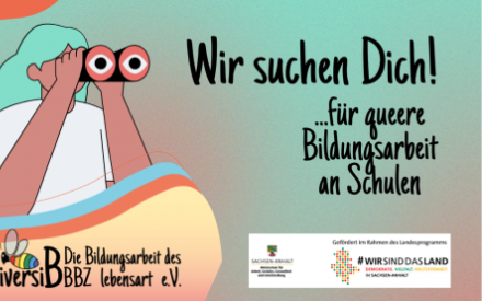 Gezeichnete Person mit Fernglas schaut nach vorne. Text ruft zur Mitarbeit in queerer Bildungsarbeit an Schulen auf. Logo und Kontakt der Initiative &bdquo;DiversiB &ndash; BBZ lebensart e.V.&ldquo; sind unten sichtbar.