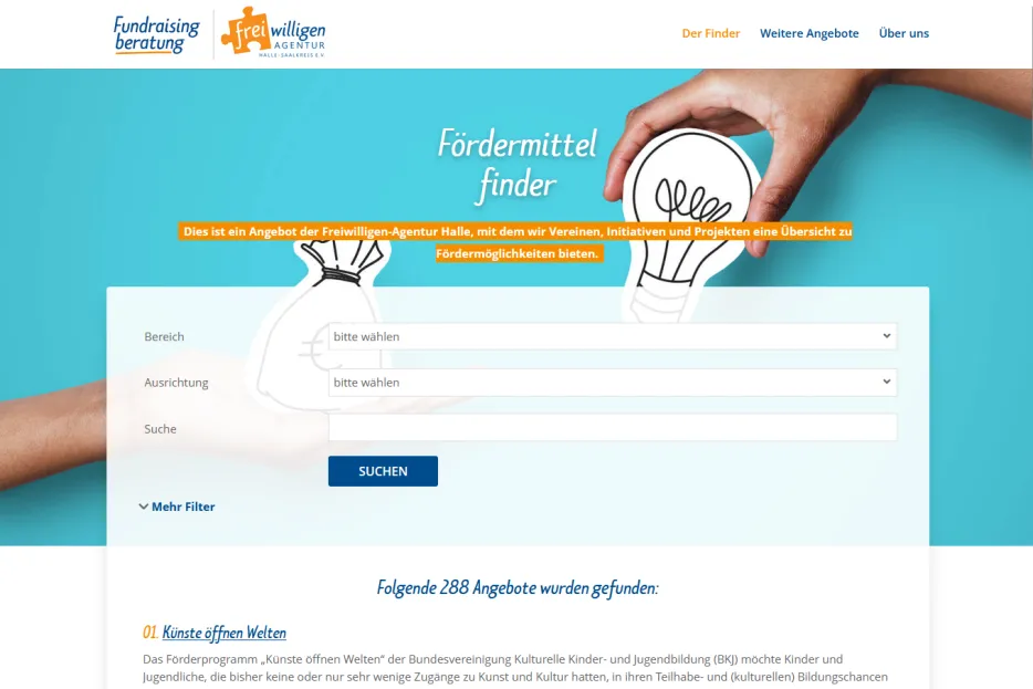 Screenshot der Startseite des F&ouml;rdermittelfinders