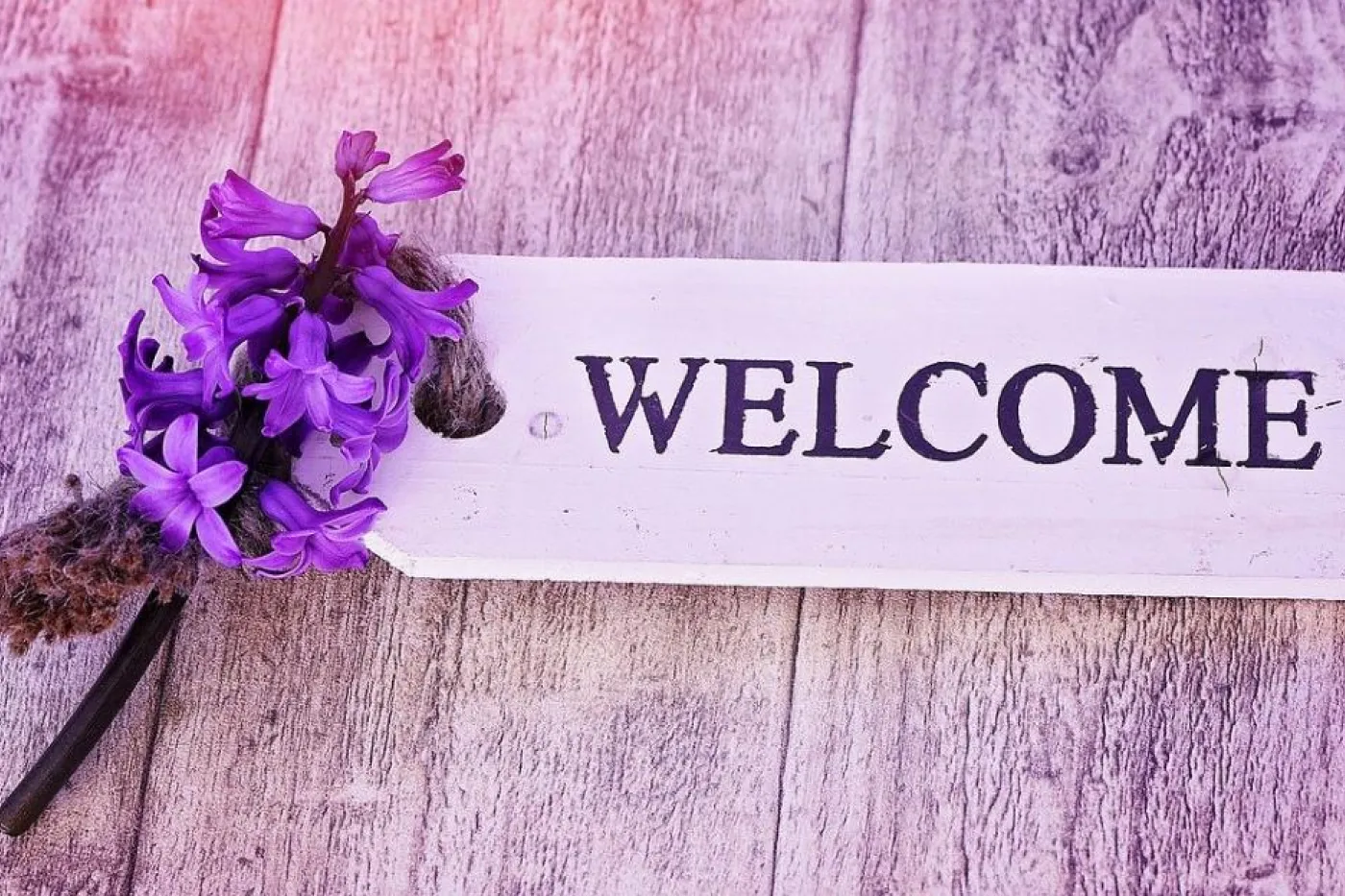 Eine Blume liegt an einem Holzschild auf dem WELCOME geschrieben ist