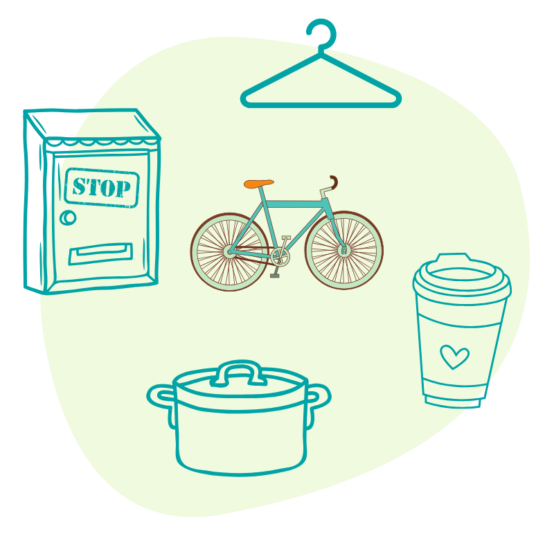 Beitragsbild zum Klimafasten Ein Briefkasten, ein Fahrrad, ein Kleiderbügel, ein Kaffeebecher und ein Topf