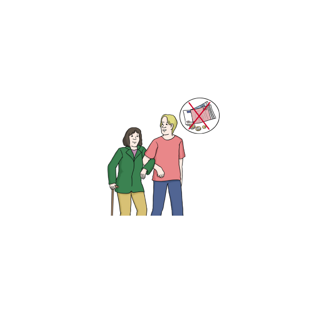 Illustration Ehrenamt in einfacher Sprache Bild 1 Eine ältere Frau mit Gehstock hakt sich bei einem Mann ein und beide spazieren