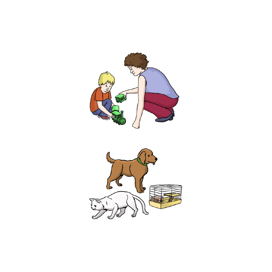Illustration Ehrenamt in einfacher Sprache Bild 2 Illustration: eine Frau spielt mit einem Kind und Haustiere sind zu sehen