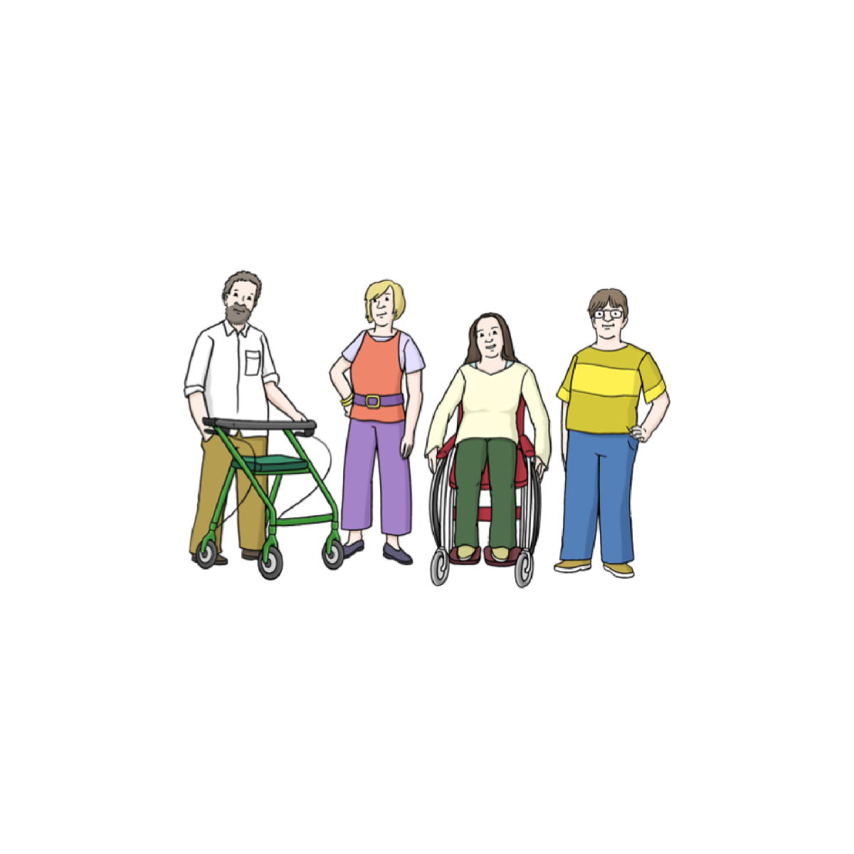 Illustration Ehrenamt in einfacher Sprache Bild 3 4 Personen stehen nebeneinander: Mann mit Rollator und eine Frau sitzt im Rollstuhl