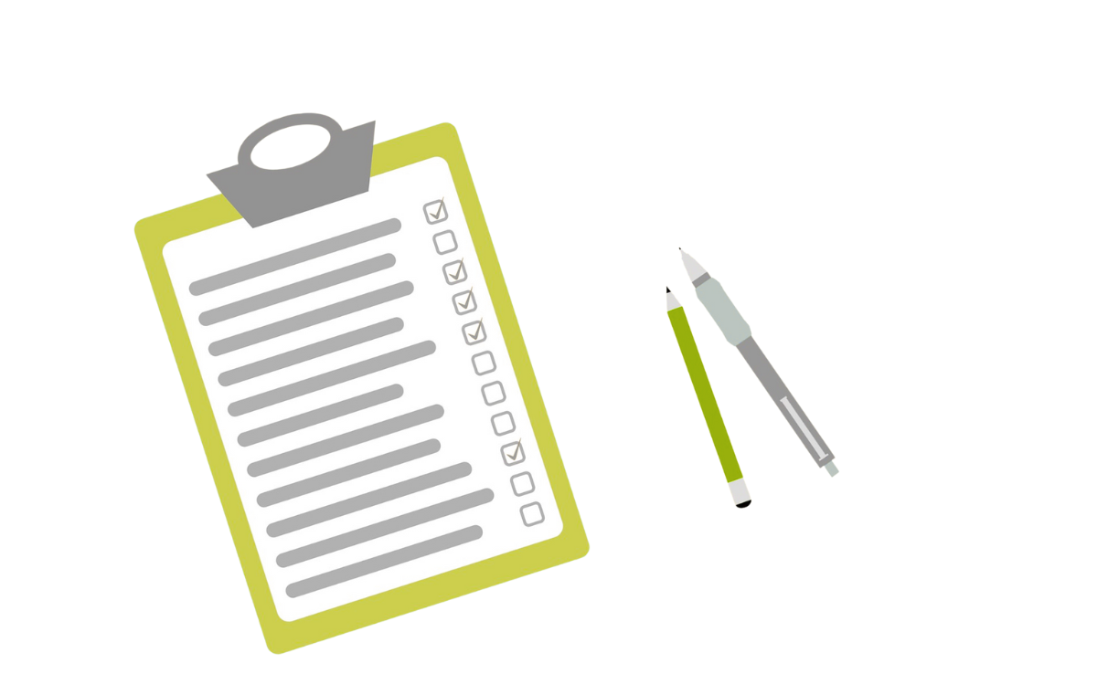 Illustration Checkliste Illustration Schreibtisch mit Checkliste und Stiften