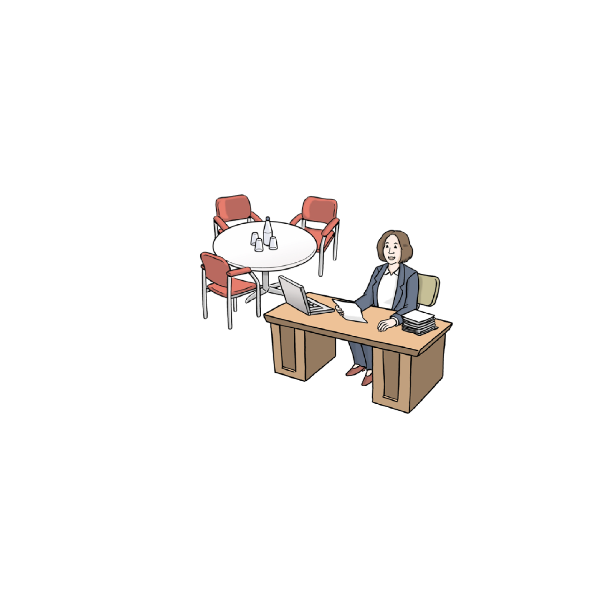 Illustration Ehrenamt in einfacher Sprache Bild 5 Illustration: Eine Frau sitzt an einem Schreibtisch