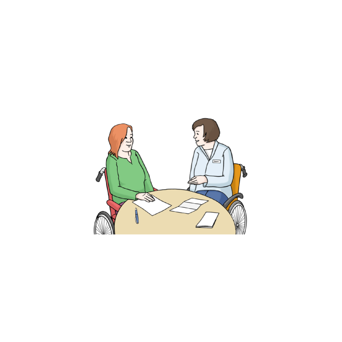 Illustration Ehrenamt in einfacher Sprache Bild 6 Illustration: 2 Personen im Rollstuhl sitzen am Tisch und unterhalten sich