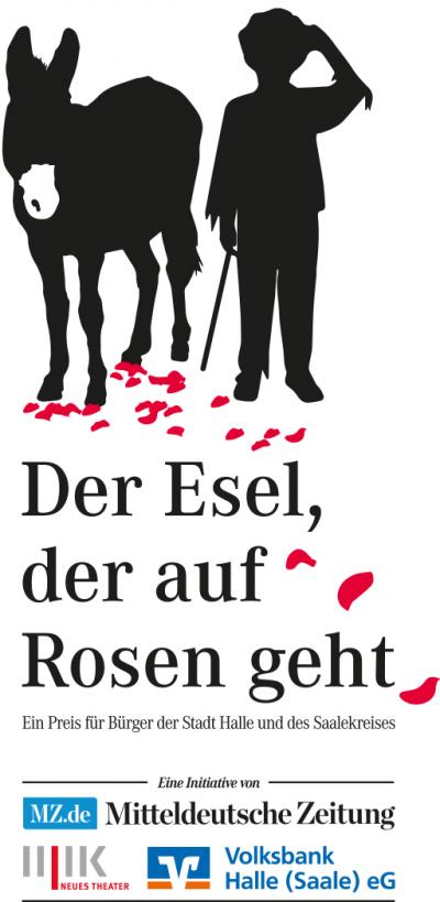 Der Esel der auf Rosen geht 2022 Grafik: Esel und Kind + Förderlogos