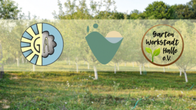 Streuobst für (H)alle - Gemeinschaftliche Pflanzaktion Obstbäume und davor Logos von GutAlaune, Regenland e.V. und der GartenWerkStadt Halle
